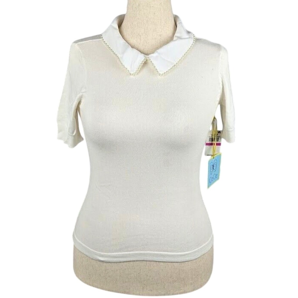 CeCe Petite Embellished-Collar Sweater New Ivory Women's Size PXXS Pearl *Flaw*